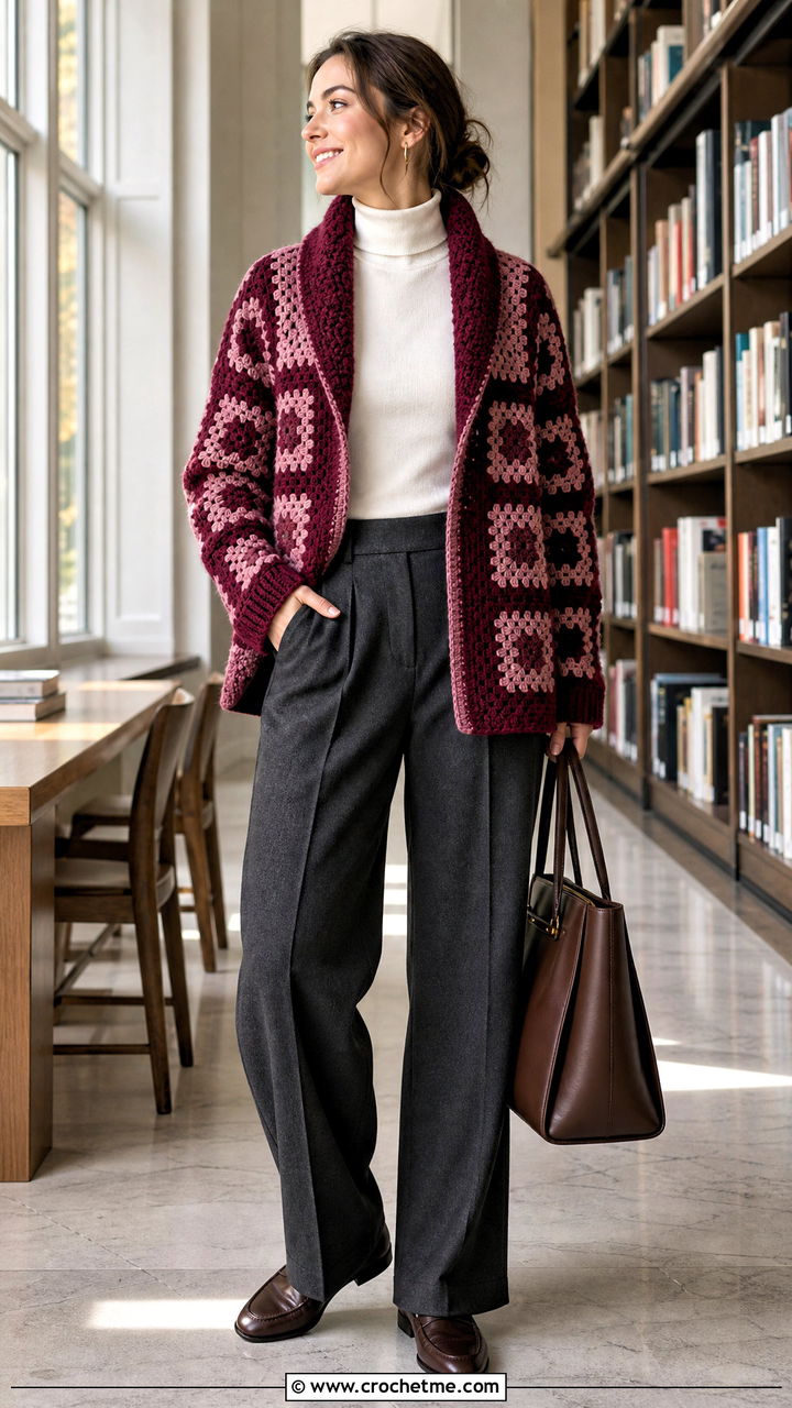 Shawl Collar Granny Square Crochet Cardigan With Wool Trousers - 35 granny square crochet cardigan outfit ideas