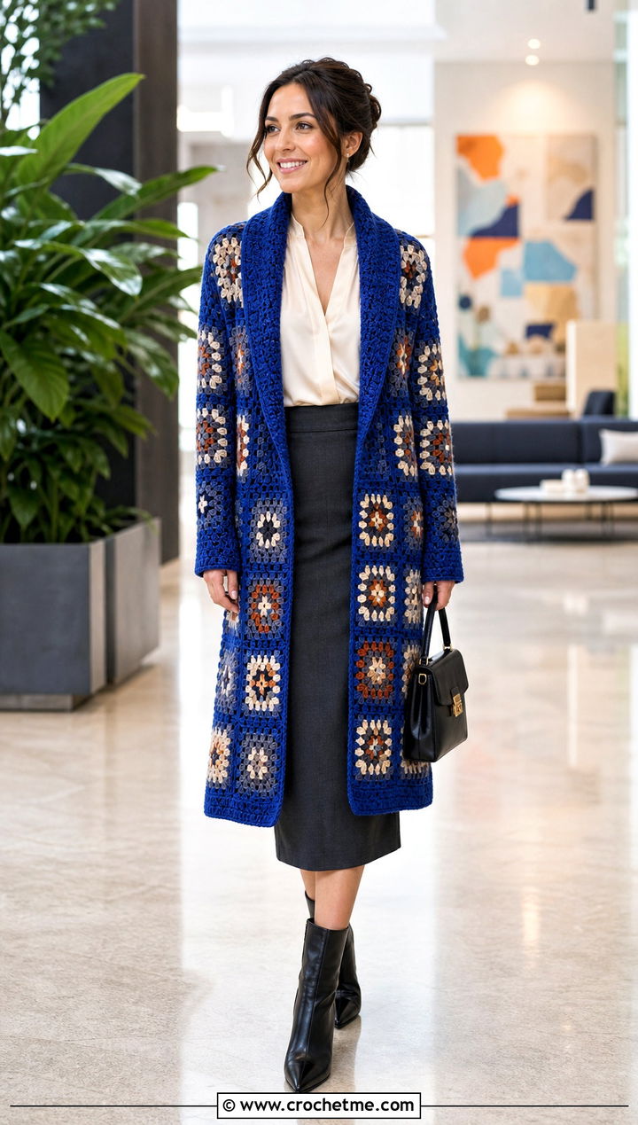 Shawl Collar Granny Square Crochet Coat With Pencil Skirt - 25 Granny Square Crochet Coat outfit ideas