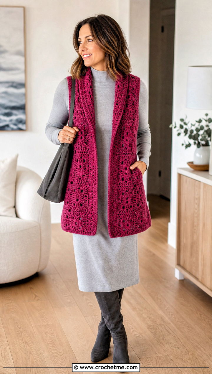 Shawl Collar Granny Square Open Vest With Mock Neck Dress - 25 granny square open vest outfit ideas