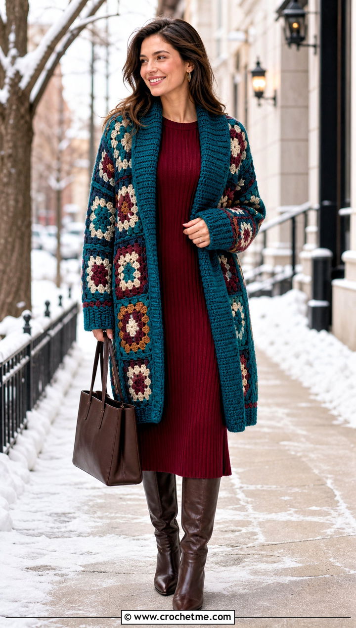 Shawl Collar Granny Square Patchwork Cardigan With Knit Dress - 30 Granny Square Patchwork Cardigan outfit ideas