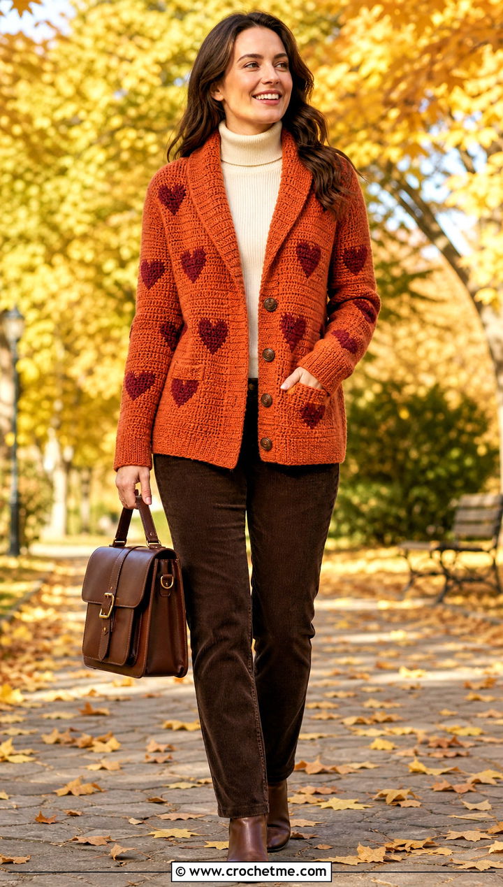 Shawl Collar Heart Cardigan With Corduroy Pants - 35 crochet heart cardigan outfit ideas