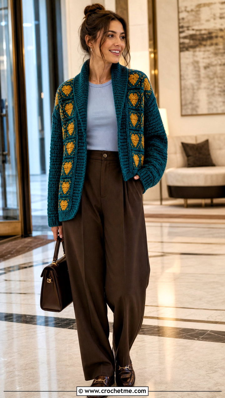 Shawl Collar Heart Granny Square Cardigan With Chocolate Trousers - 35 Heart Granny Square Cardigan outfit ideas