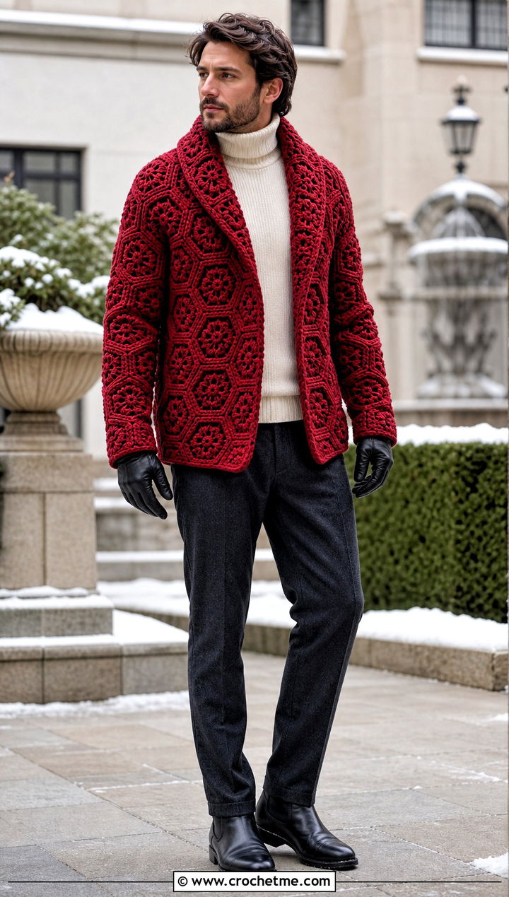 Shawl Collar Hexagon Crochet Cardigan With Rollneck Sweater - 35 men hexagon crochet cardigan outfit ideas