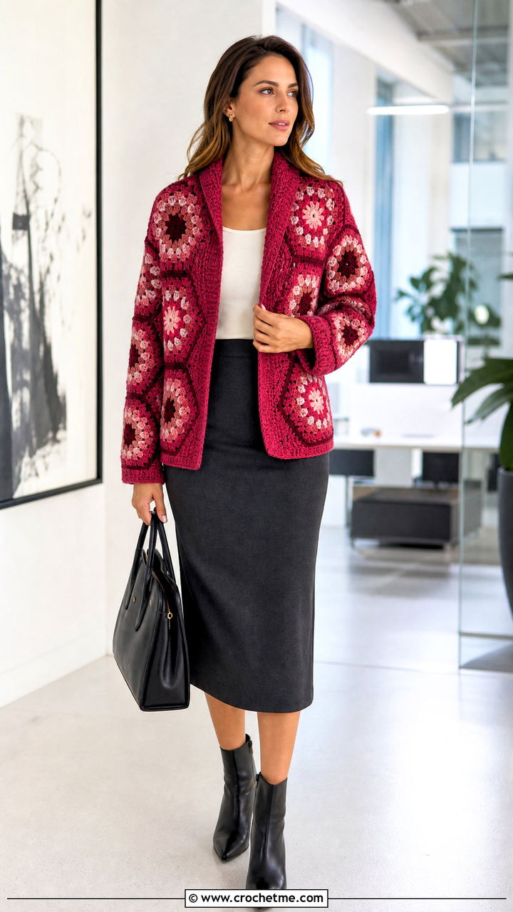 Shawl Collar Hexagon Granny Square Cardigan With Pencil Skirt - 35 hexagon granny square cardigan outfit ideas