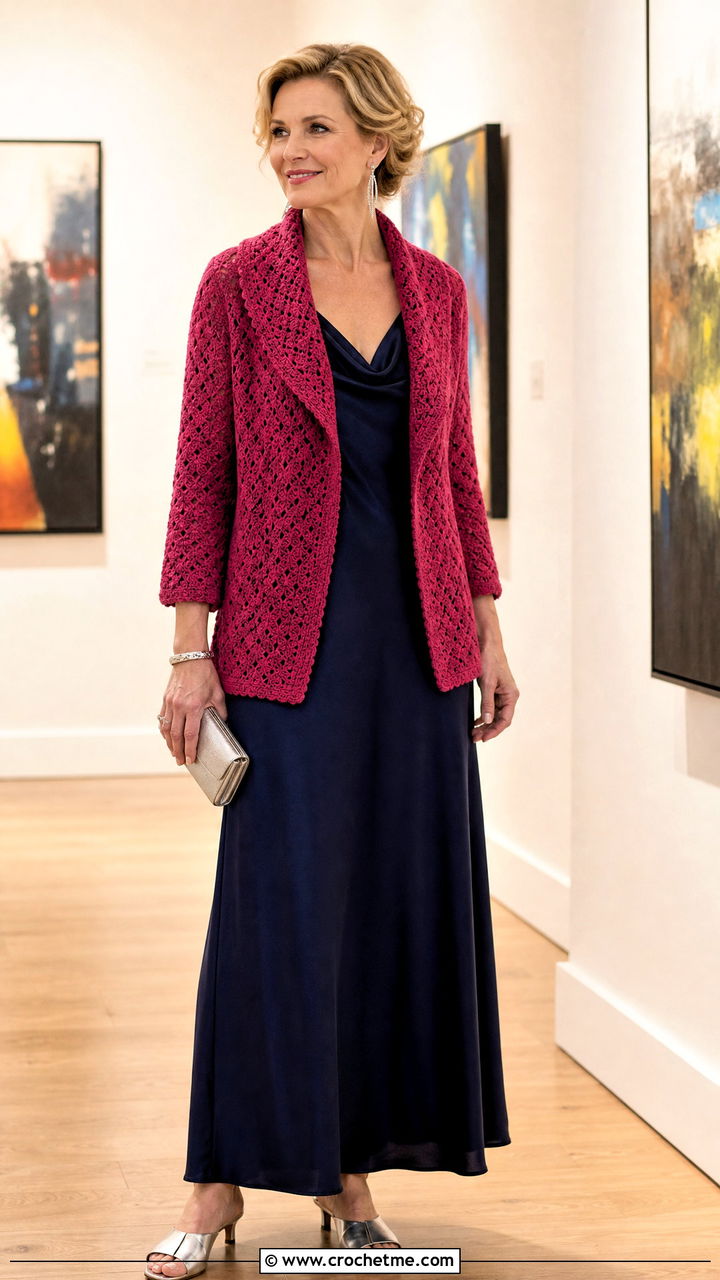 Shawl Collar Hexi Cardi With Bias Cut Maxi Dress - 35 crochet hexi cardi outfit ideas