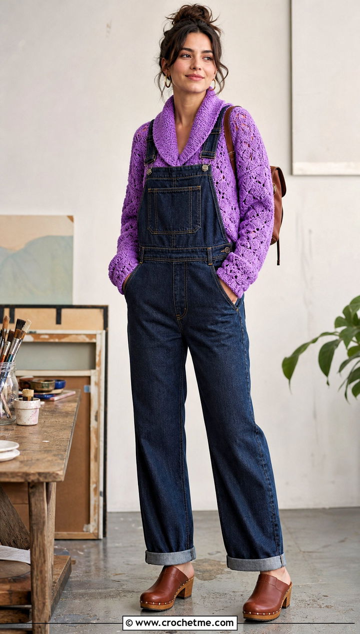 Shawl Collar Irish Sweater With Overalls - 25 Crochet Irish Sweater outfit ideas