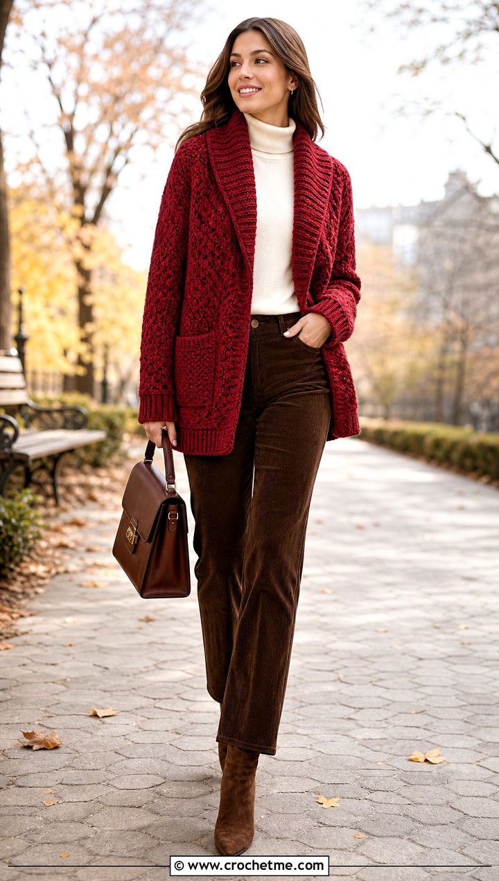Shawl Collar Knit Look Crochet Cardigan With Corduroy Pants - 25 Knit Look Crochet Cardigan outfit ideas