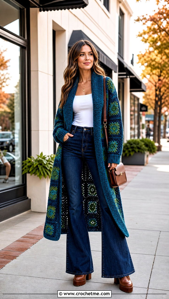 Shawl Collar Long Granny Square Cardigan With Flare Jeans - 35 long granny square cardigan outfit ideas
