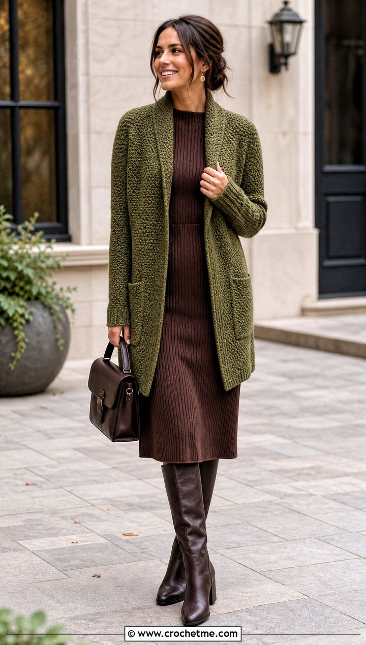 Shawl Collar Moss Stitch Cardigan With Knit Dress - 30 crochet moss stitch cardigan outfit ideas