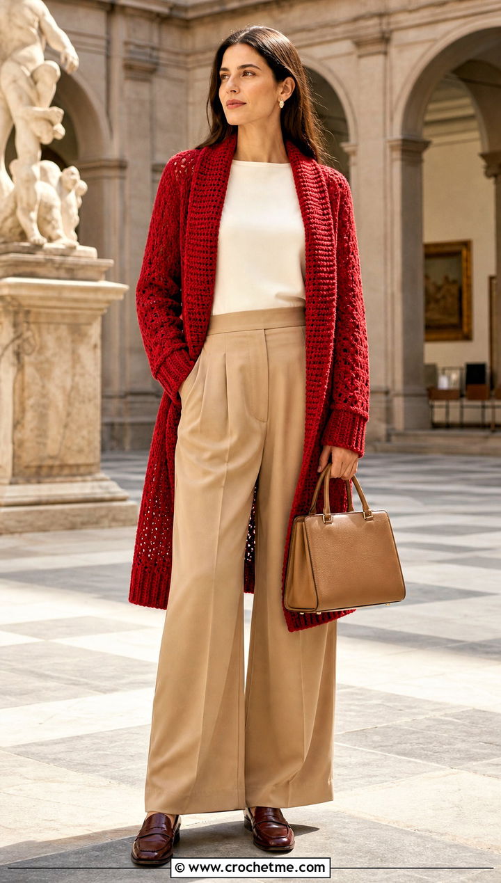 Shawl Collar One Piece Crochet Cardigan With Pleated Trousers - 35 one piece crochet cardigan outfit ideas