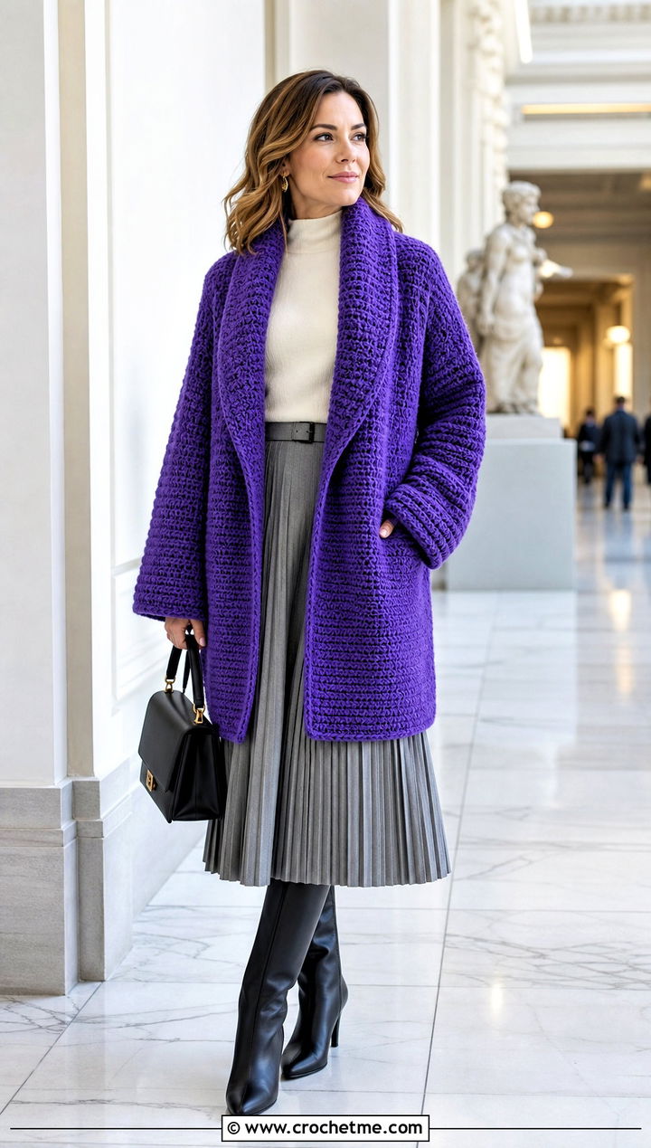Shawl Collar Oversized Chunky Crochet Cardigan With Midi Skirt - 25 oversized chunky crochet cardigan outfit ideas