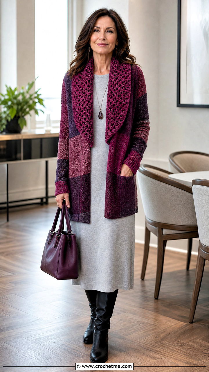 Shawl Collar Patchwork Cardigan With Sweater Dress - 35 crochet patchwork cardigan outfit ideas