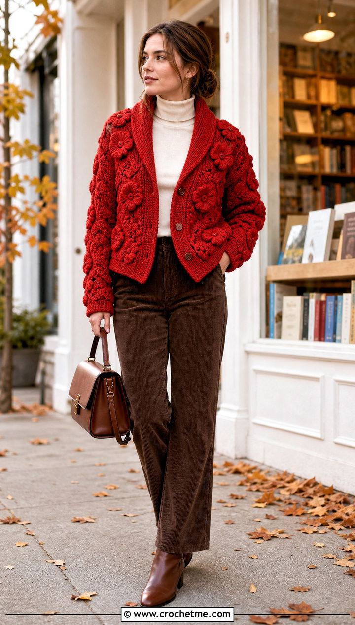 Shawl Collar Puff Flower Crochet Cardigan With Corduroy Trousers - 25 puff flower crochet cardigan outfit ideas
