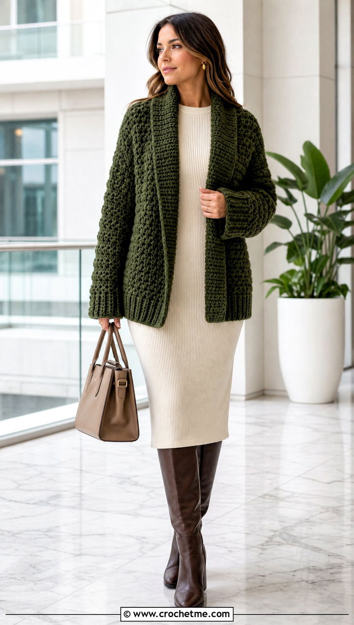 Shawl Collar Puffy Crochet Cardigan With Knit Dress - 30 puffy crochet cardigan outfit ideas