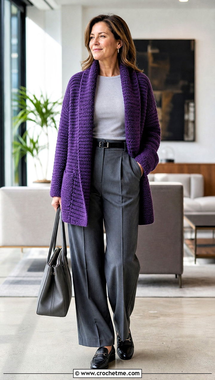 Shawl Collar Slouchy Crochet Cardigan With Pleated Trousers - 25 Slouchy Crochet Cardigan outfit ideas