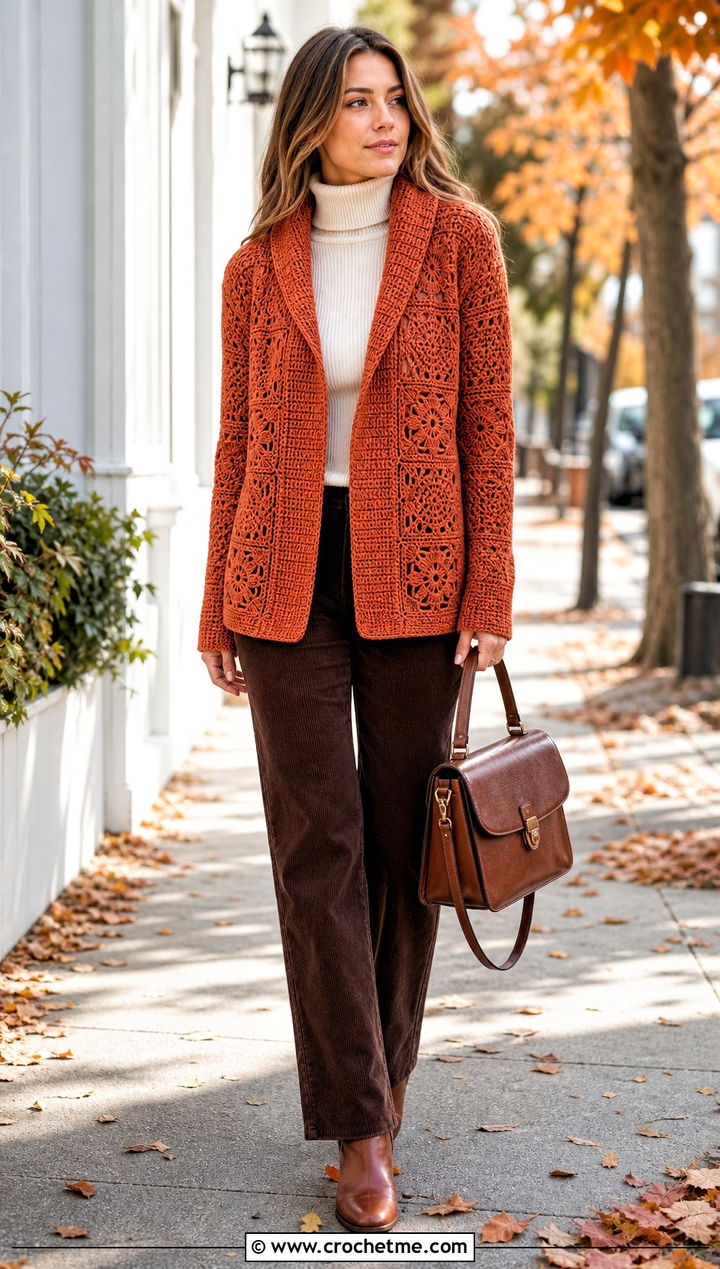 Shawl Collar Solid Granny Square Cardigan With Corduroy Trousers - 20 Crochet Solid Granny Square Cardigan outfit ideas