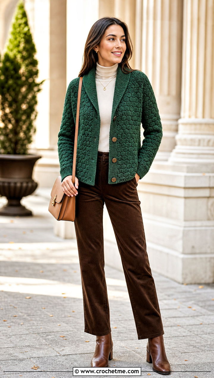 Shawl Collar Solid Hexagon Cardigan With Corduroy Pants - 30 crochet solid hexagon cardigan outfit ideas