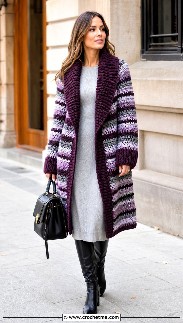 Shawl Collar Stripe Crochet Cardigan With Column Dress - 25 striped crochet cardigan outfit ideas