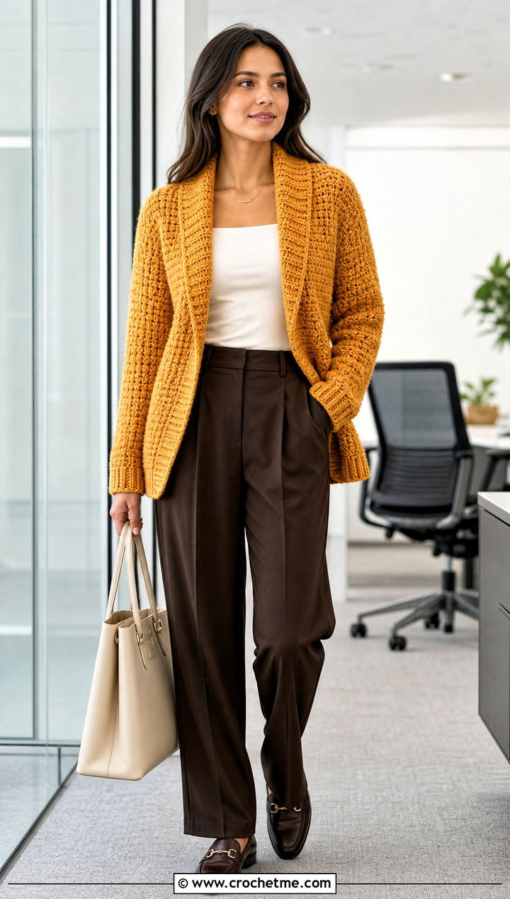 Shawl Collar Thick Yarn Crochet Cardigan With Pleated Pants - 25 Thick Yarn Crochet Cardigan outfit ideas