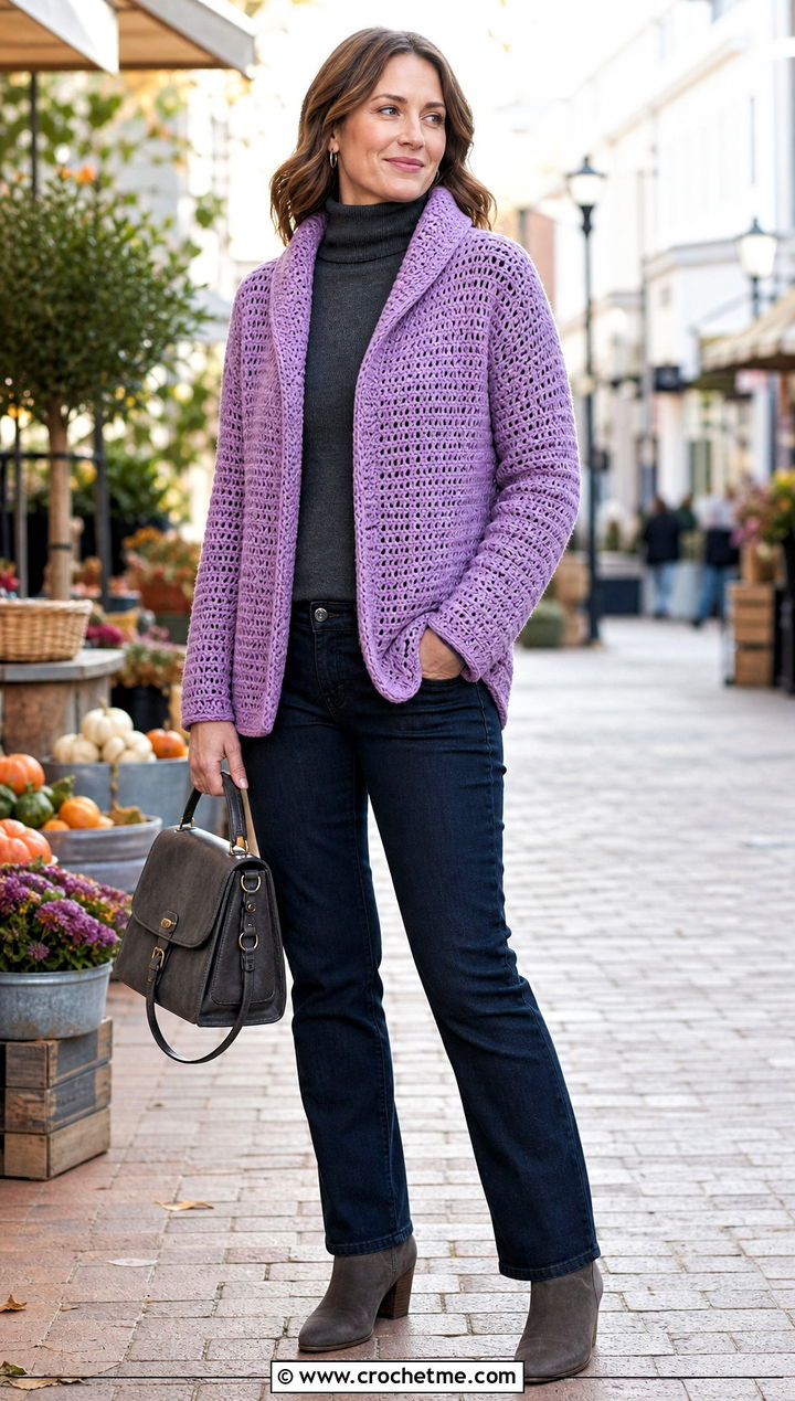 Shawl Collar Top Down Crochet Cardigan With Turtleneck And Jeans - 30 top down crochet cardigan outfit ideas