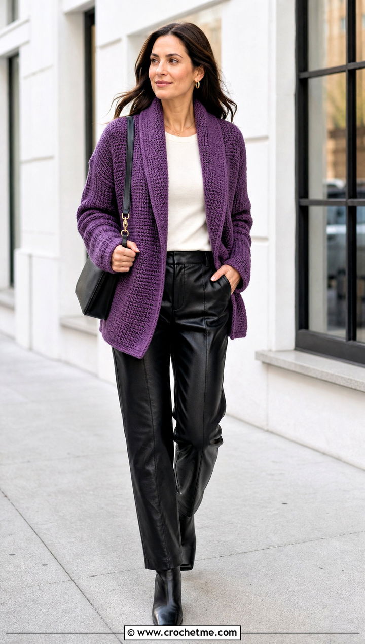 Shawl Collar Tunisian Cardigan With Leather Pants - 35 tunisian crochet cardigan outfit ideas