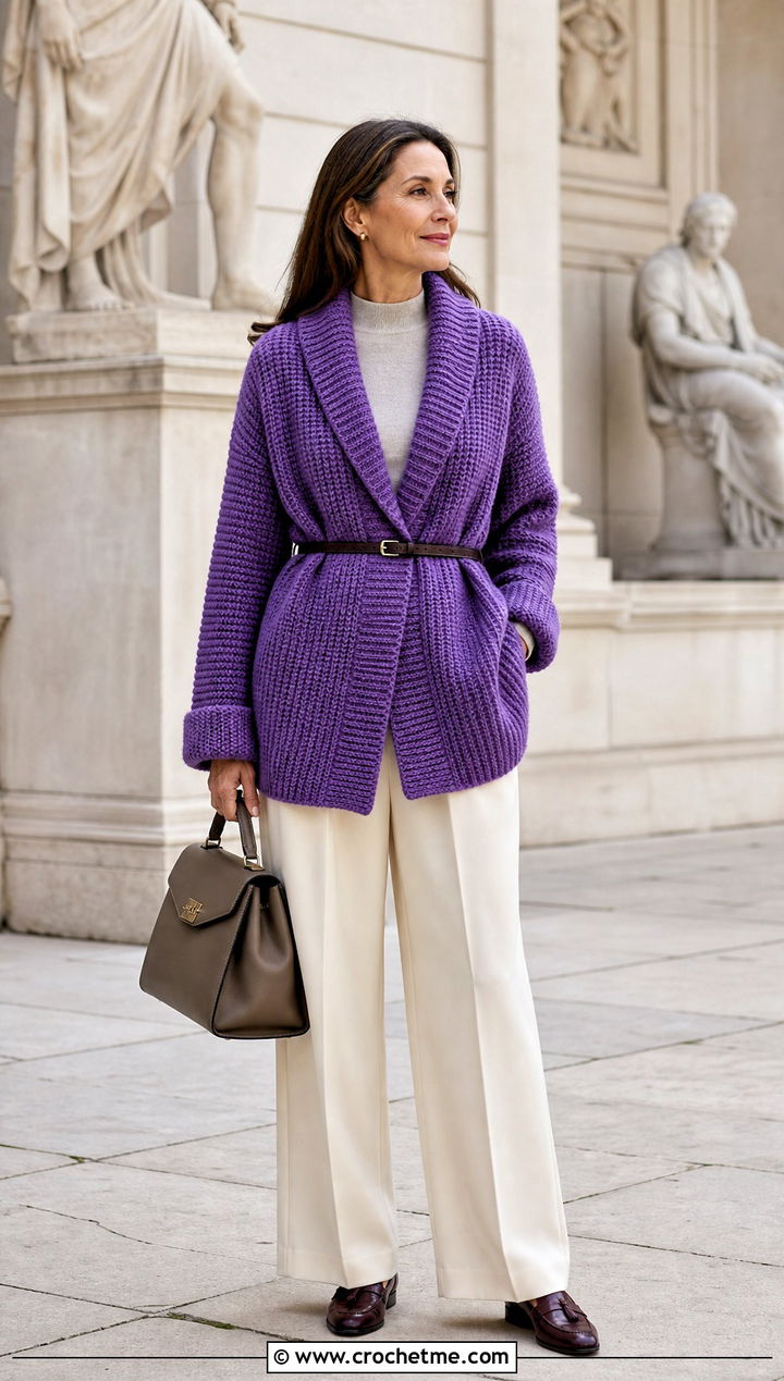 Shawl Collar Tunisian Cardigan With Pleated Trousers - 20 Crochet Tunisian Cardigan outfit ideas