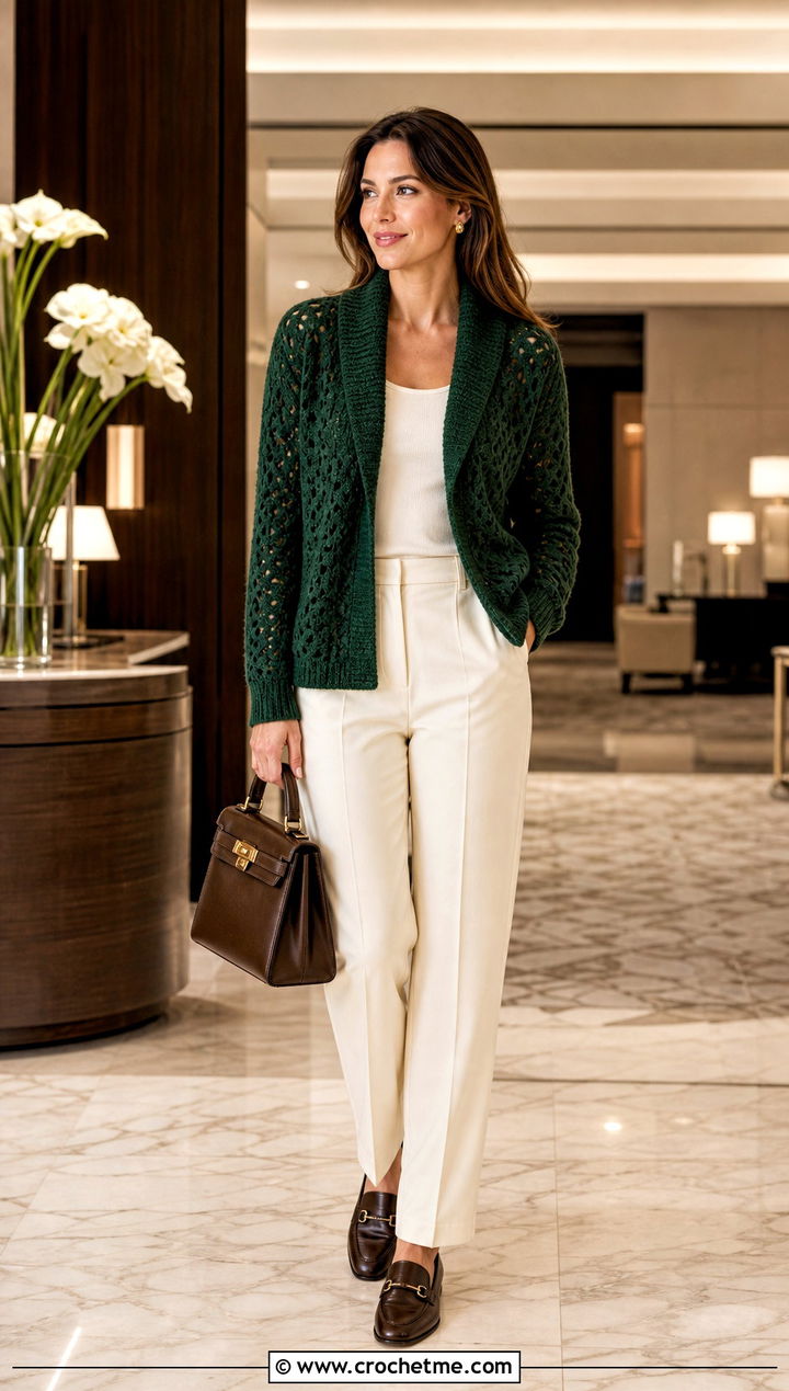 Shawl Collar V Stitch Cardigan With Monochrome Separates - 25 Crochet V Stitch Cardigan outfit ideas