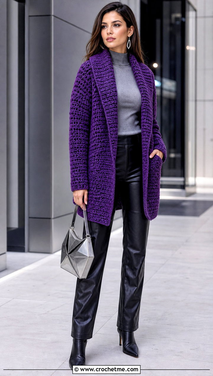 Shawl Collar Worsted Weight Crochet Cardigan With Leather Pants - 25 Worsted Weight Crochet Cardigan outfit ideas