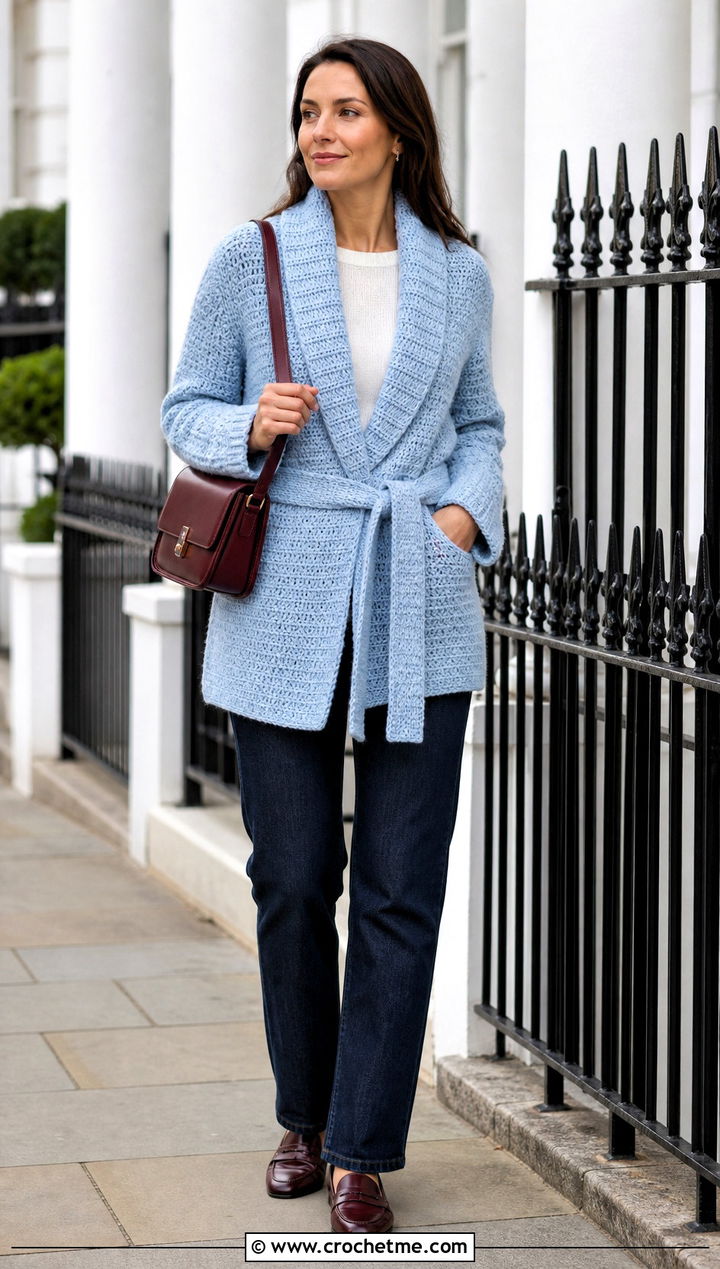 Shawl Collar Wrap Crochet Cardigan With Straight Leg Jeans - 30 wrap crochet cardigan outfit ideas