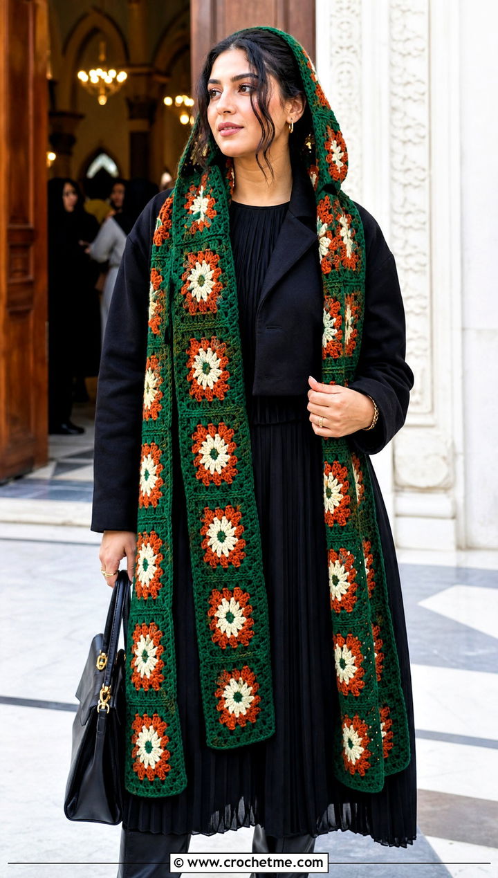 Shawl Length Granny Square Crochet Hooded Scarf With Maxi Dress - 30 Granny Square Crochet Hooded Scarf outfit ideas