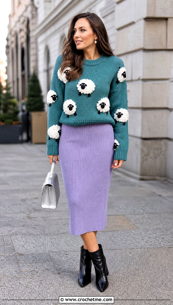 Sheep Amigurumi Sweater With Knit Midi Skirt - 30 amigurumi sweater outfit ideas