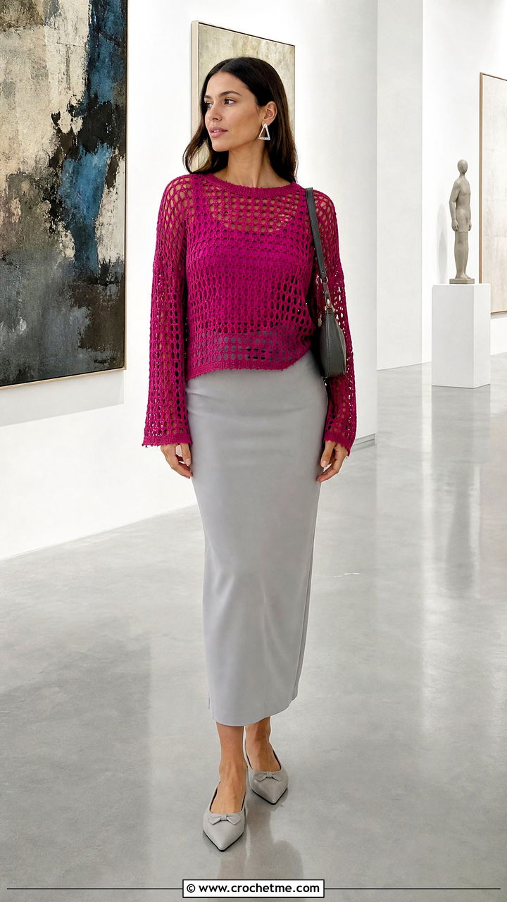 Sheer Crochet Sweater With Column Skirt - 35 crochet sweater ideas
