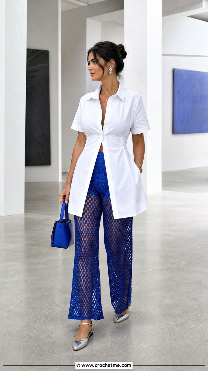 Sheer Crochet Trousers With Mini Shirt Dress - 35 crochet trousers outfit ideas
