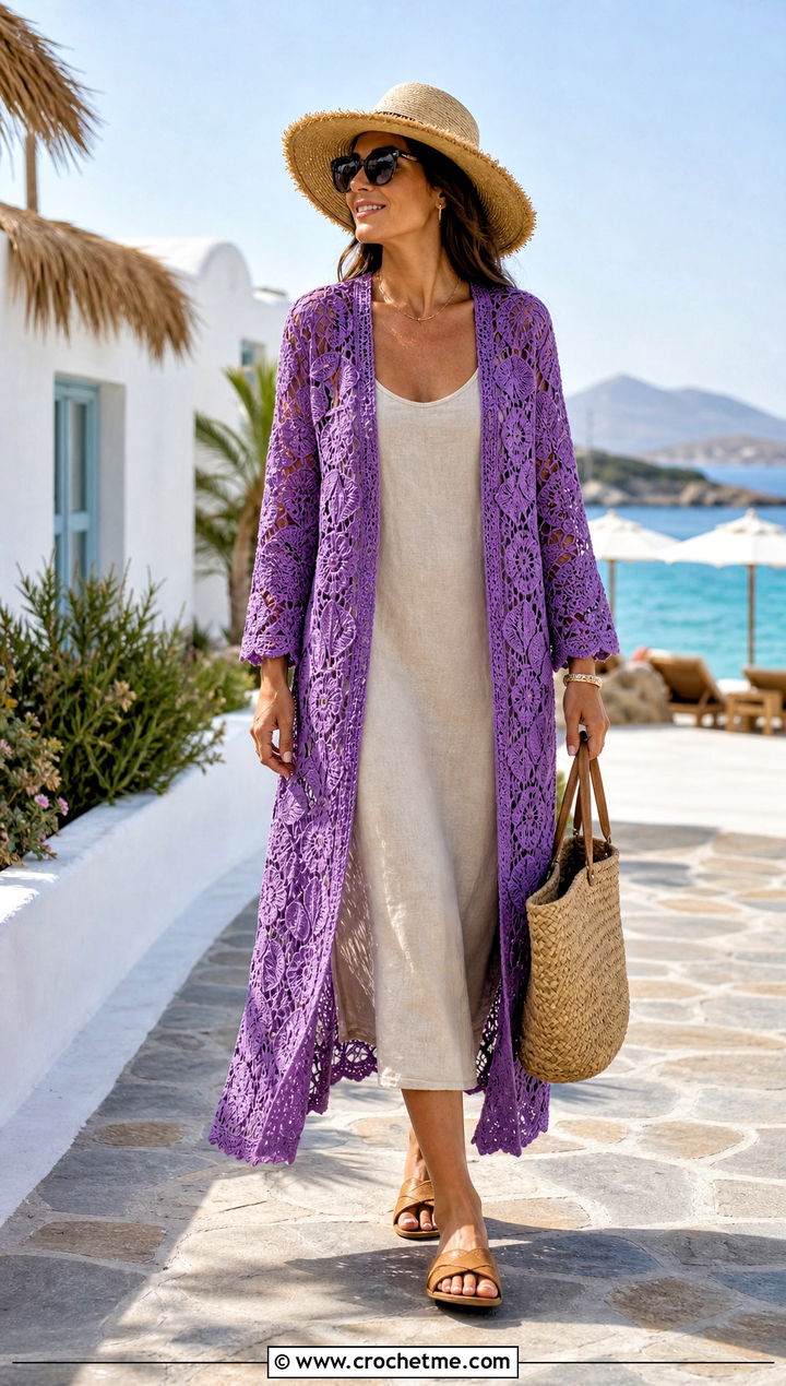 Sheer Irish Crochet Duster With Linen Dress - 25 irish crochet coat outfit ideas