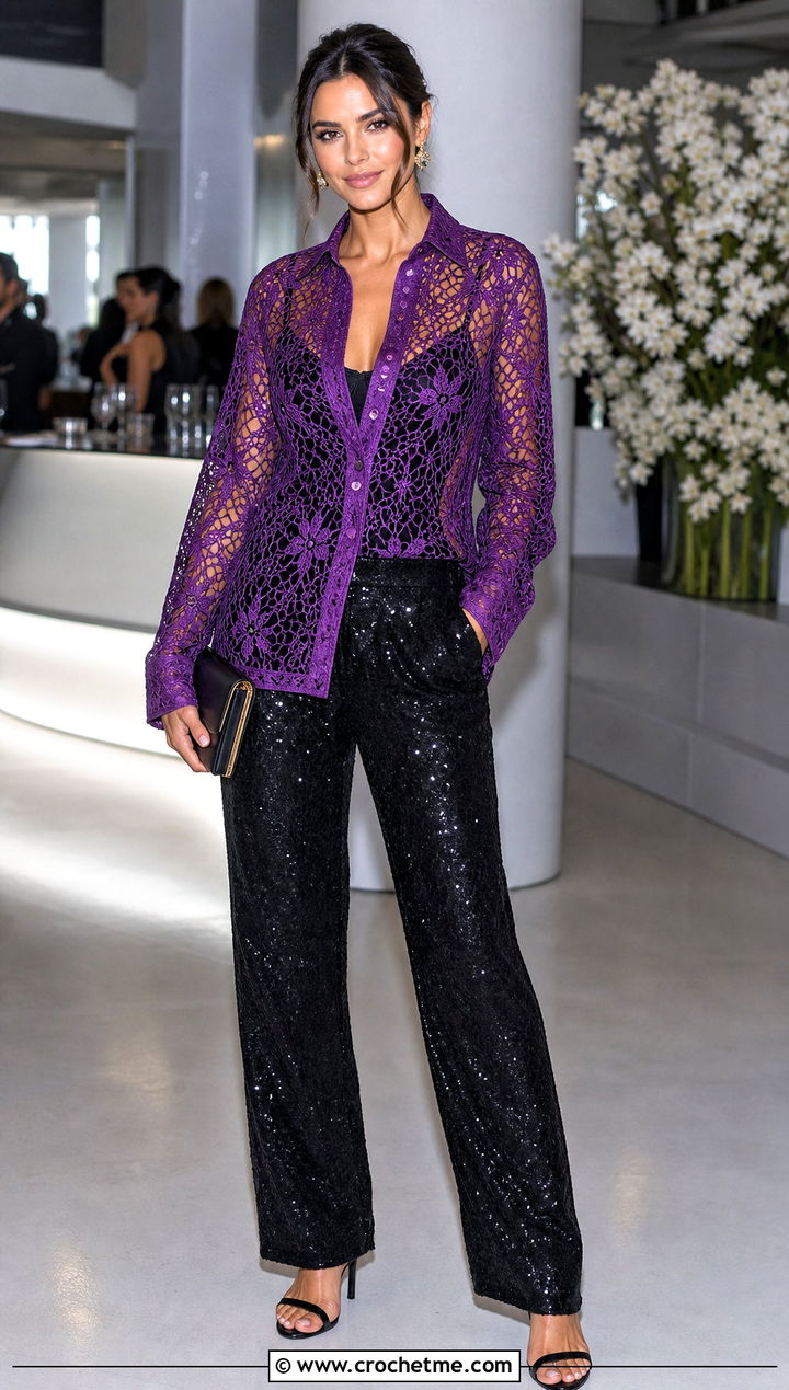 Sheer Lace Crochet Button Down Shirt With Sequin Pants - 30 crochet button down shirt outfit ideas