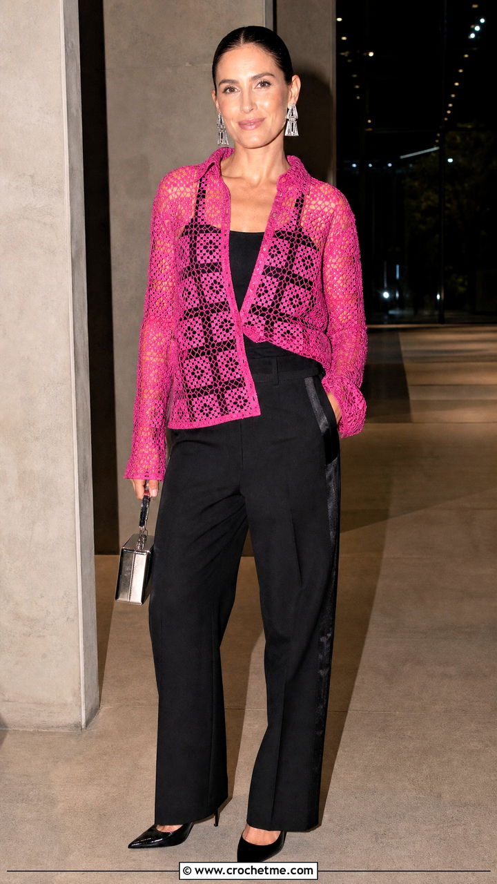 Sheer Lace Granny Square Shirt With Tuxedo Pants - 35 granny square shirt outfit ideas