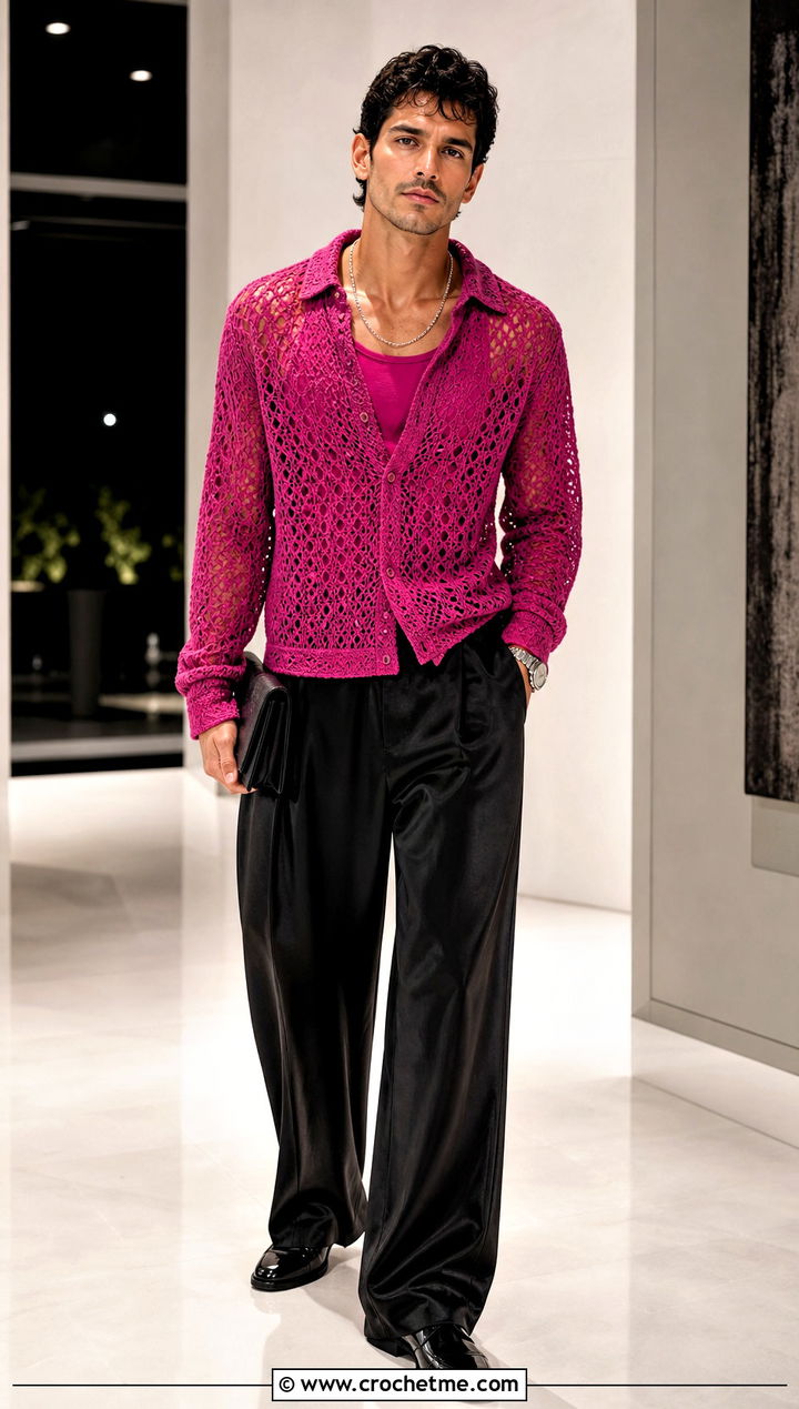 Sheer Long Sleeve Crochet Top With Satin Trousers - 35 Mens Crochet Top outfit ideas