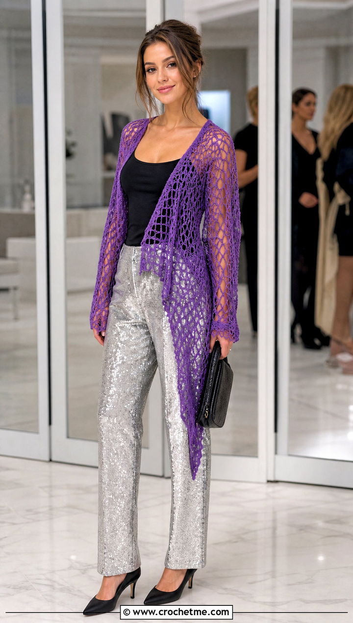 Sheer Mesh Asymmetric Crochet Cardigan With Sequin Trousers - 30 crochet asymmetrical cardigan outfit ideas