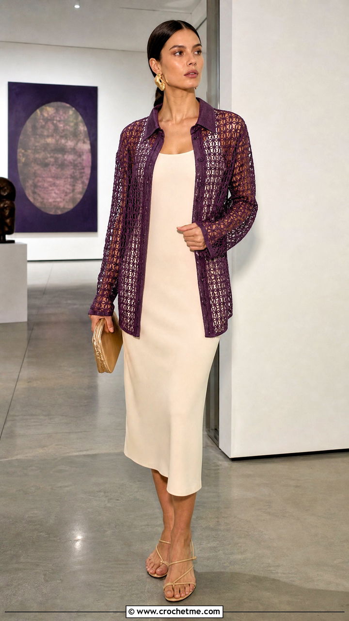 Sheer Mesh Crochet Collared Shirt With Column Dress - 35 crochet collared shirt outfit ideas