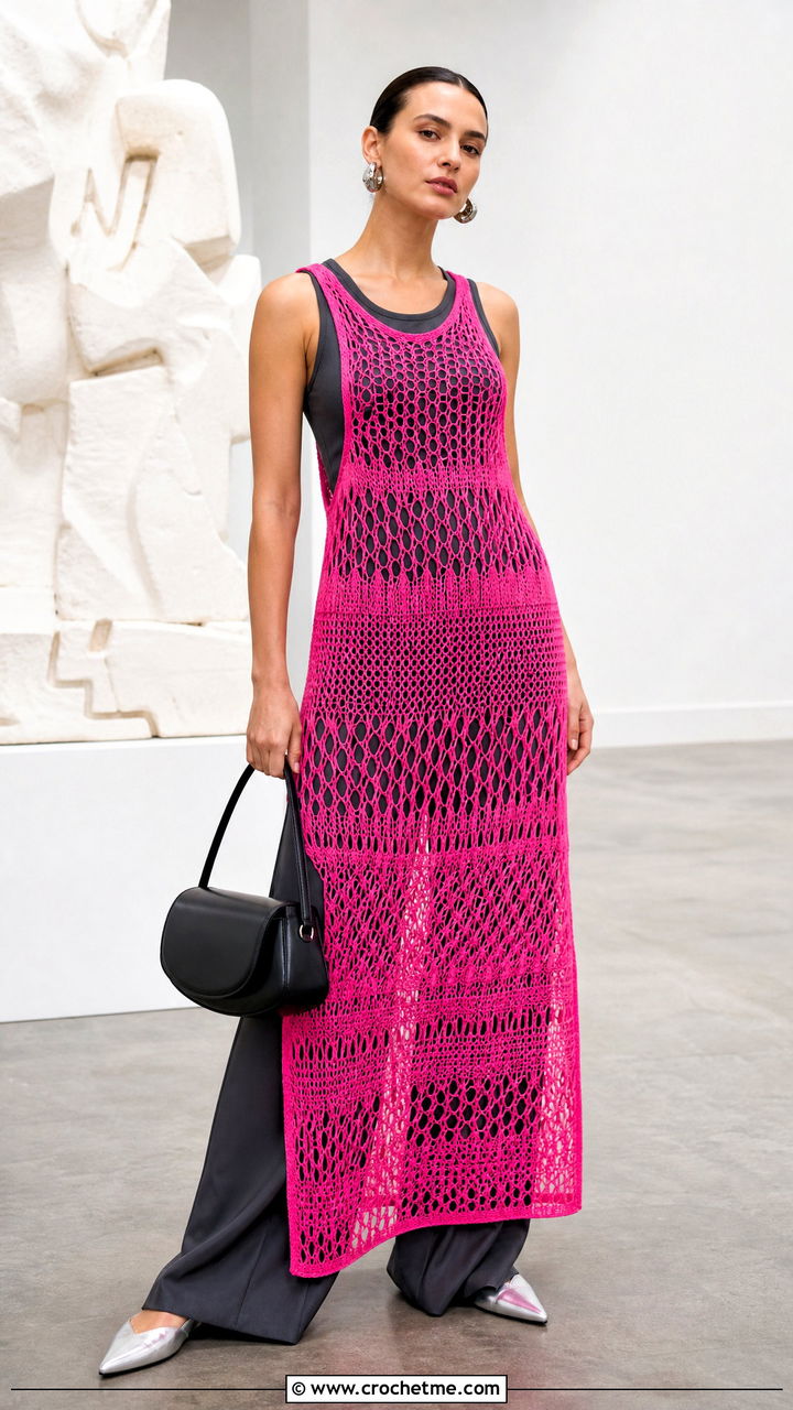 Sheer Mesh Crochet Maxi Dress With Wide Leg Pants - 35 Crochet Maxi Dress outfit ideas