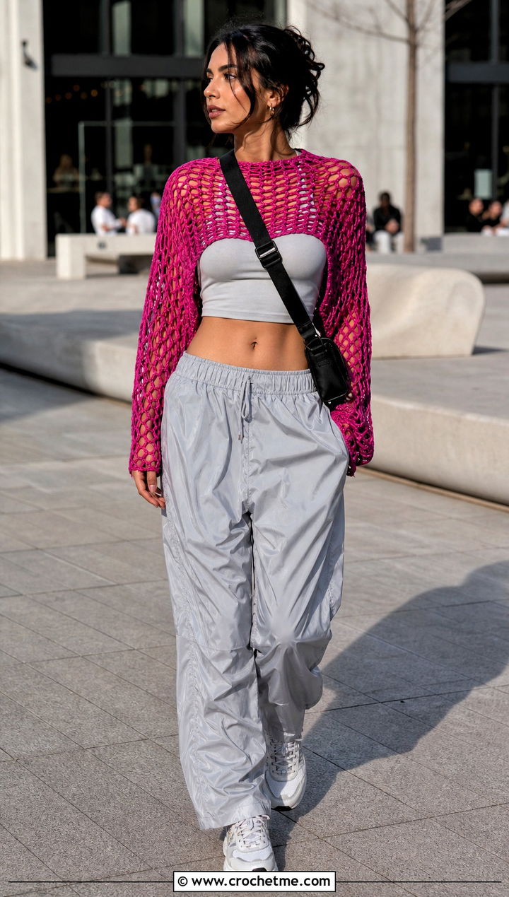 Sheer Mesh Crochet Raglan Top With Parachute Pants - 30 crochet raglan top outfit ideas
