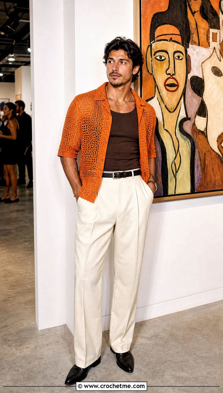 Sheer Open Stitch Crochet Shirt With Pleated Pants - 35 men's crochet shirt outfit ideas