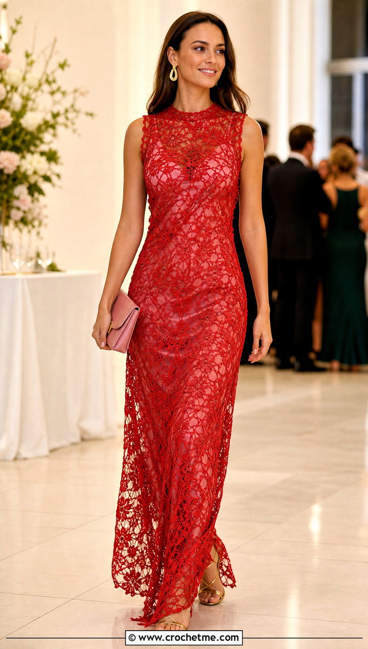 Sheer Overlay Crochet Gown Dress With Satin Slip - 25 Crochet Gown Dress outfit ideas