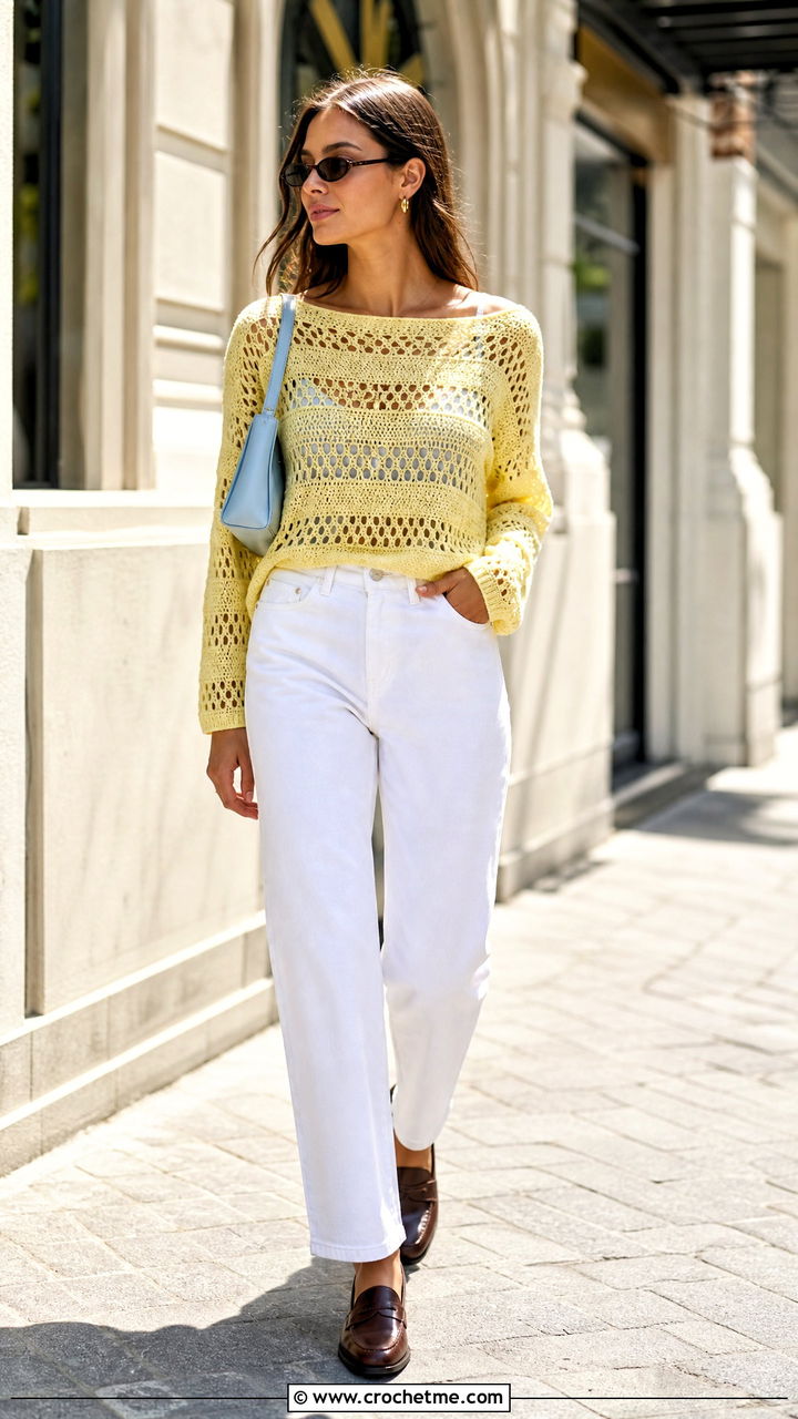 Sheer Stripe Crochet Lace Sweater With White Jeans - 35 crochet lace sweater outfit ideas