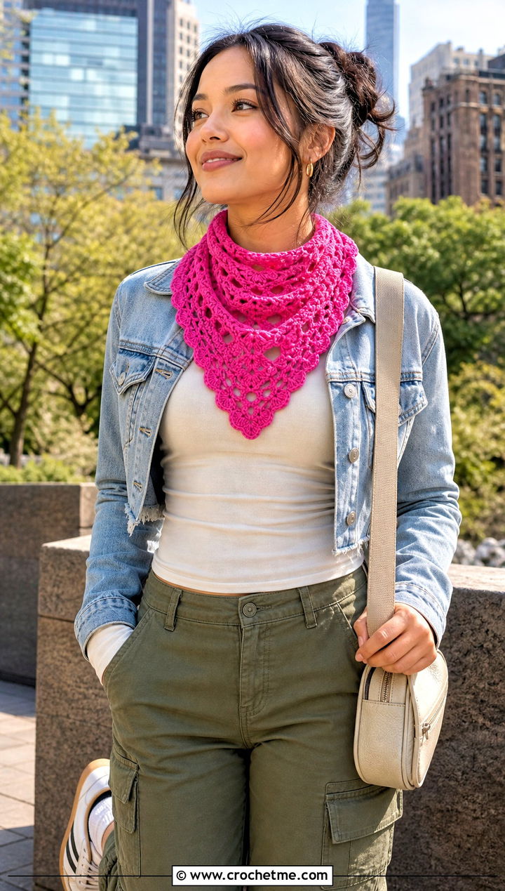 Shell Crochet Bandana Scarf With Cargo Pants - 20 Shell Crochet Scarf outfit ideas