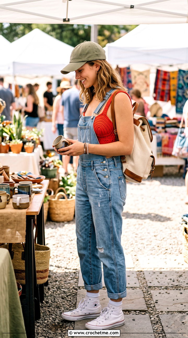Shell Cup Bra With Denim Overalls - 30 crochet shell bra outfit ideas