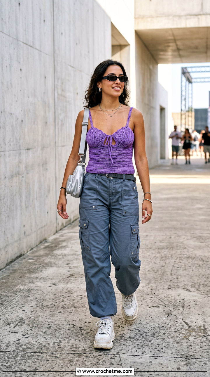 Shell Cup Crochet Tie Top With Cargo Pants - 35 crochet seashell top outfit ideas