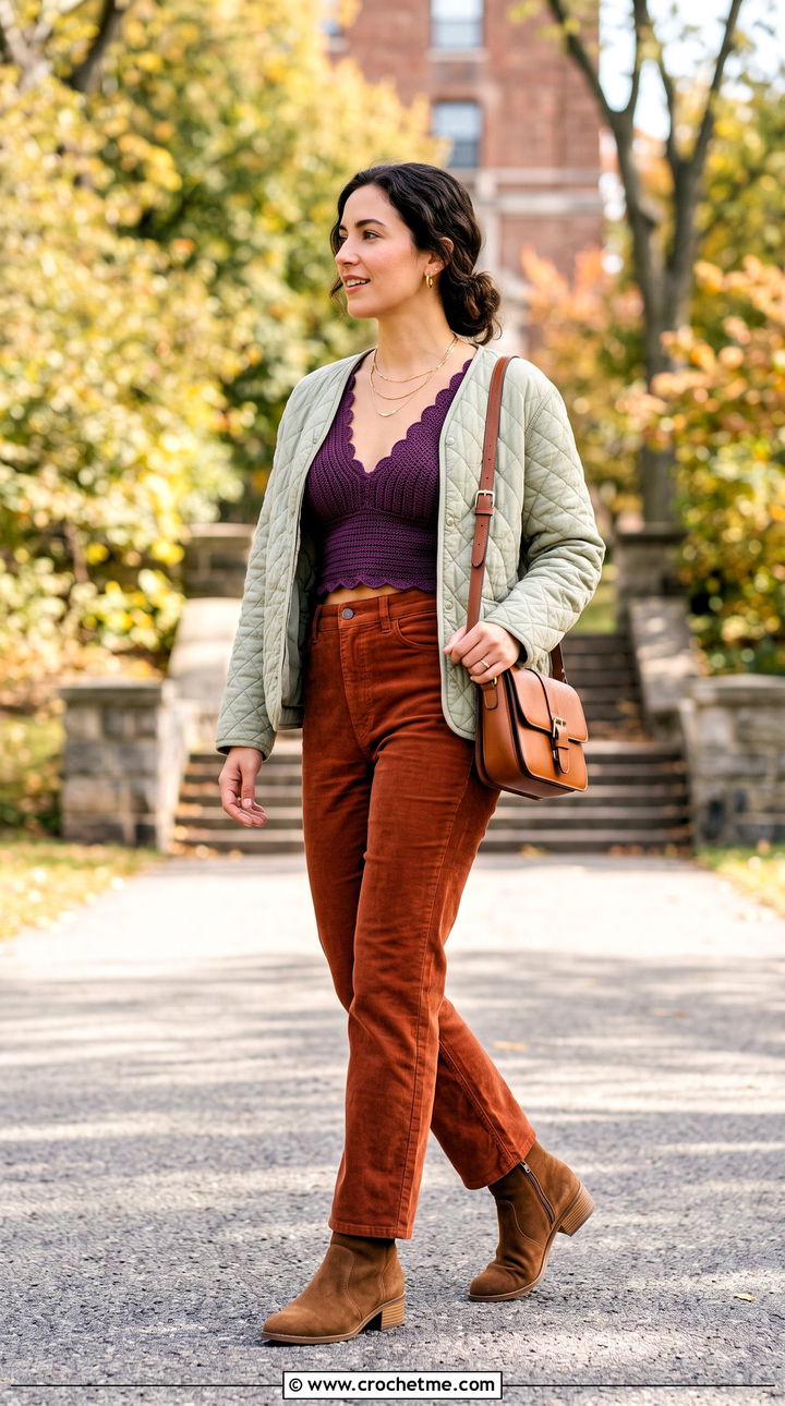 Shell Edge Bra With Quilted Jacket - 30 crochet shell bra outfit ideas
