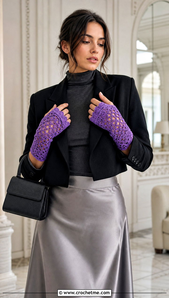 Shell Lace Fingerless Crochet Gloves With Satin Midi Skirt - 30 fingerless crochet gloves outfit ideas