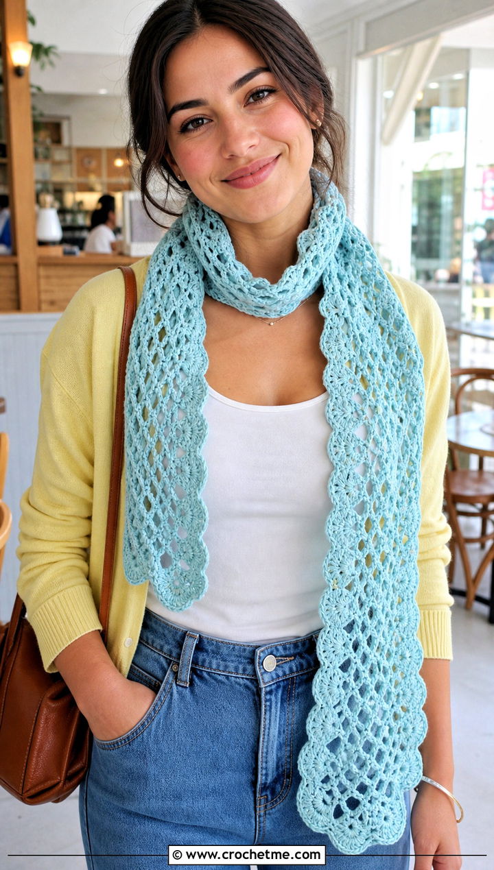 Shell Mesh Crochet Scarf With Cardigan And Jeans - 25 Mesh Crochet Scarf outfit ideas